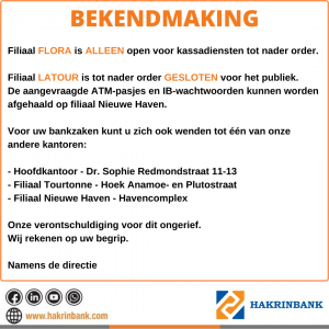 bekendmaking kantoor gesloten