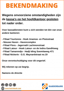 kassa's hoofdkantoor gesloten